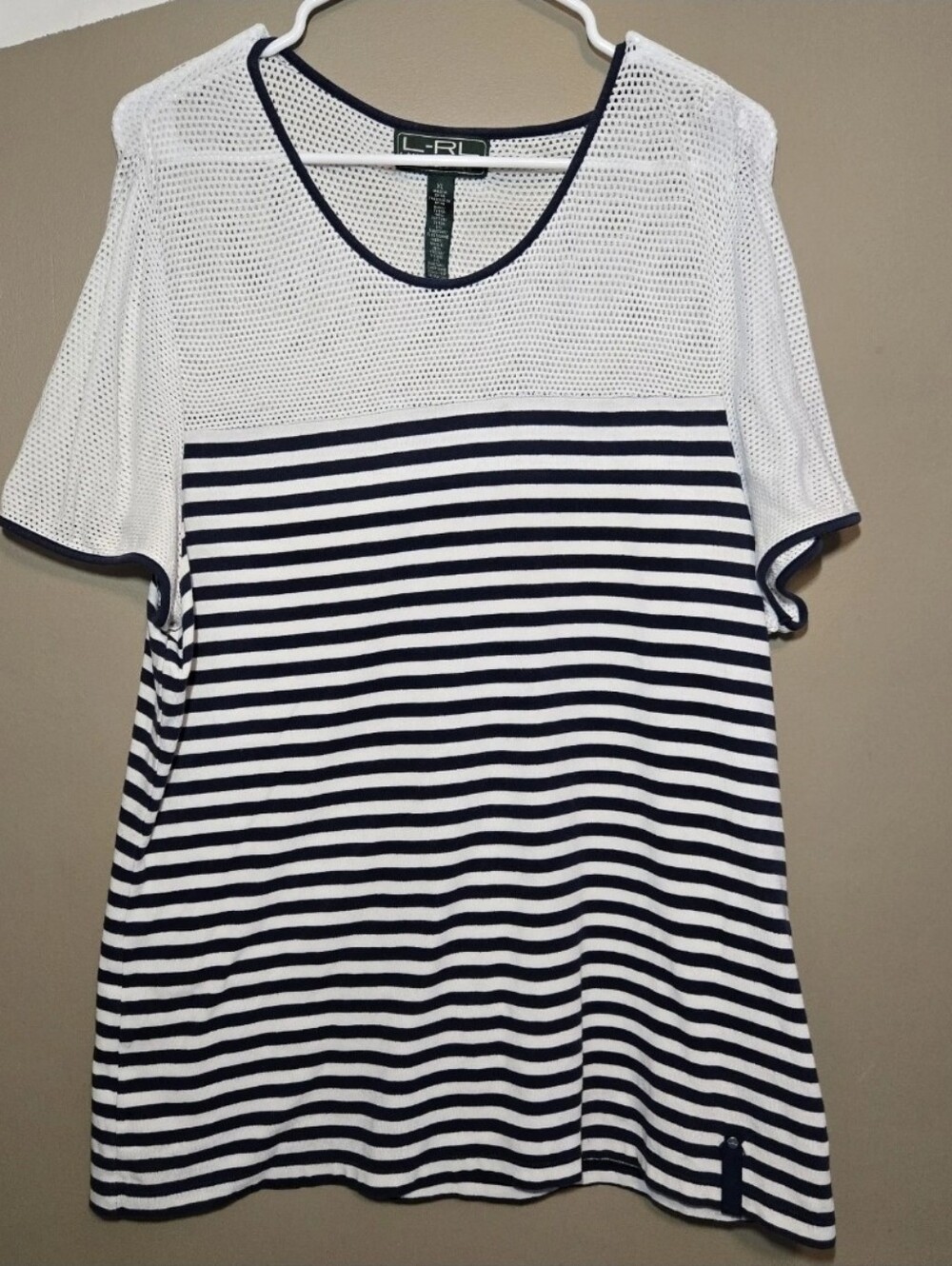Ralph Lauren Active Women's Top Stripes Mesh Size XL Blue White Short Sleeves